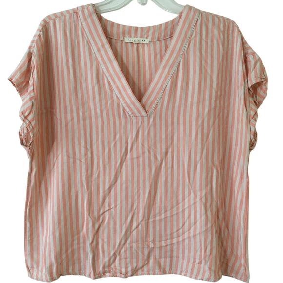 Copper Key Large V-neck Cap Sleeve Pink & Cream Striped 100% Rayon Top - Picture 1 of 2